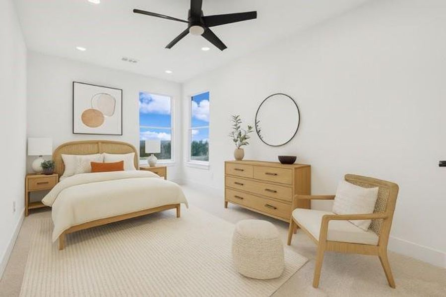 Bedroom featuring light carpet, recessed lighting, and ceiling fan virtually staged