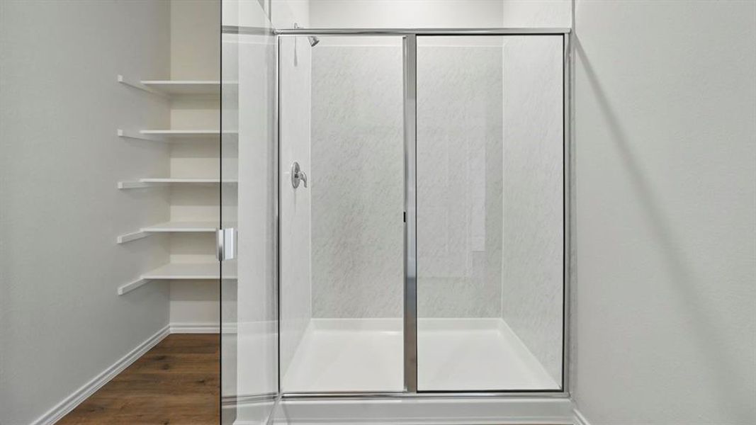 Bathroom with dark wood-type flooring and a shower stall