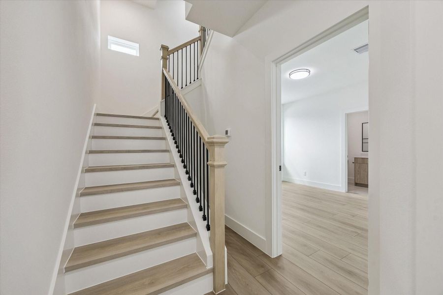 Bright staircase entry with clean modern finishes and warm flooring Bright staircase entry with clean modern finishes and warm flooring