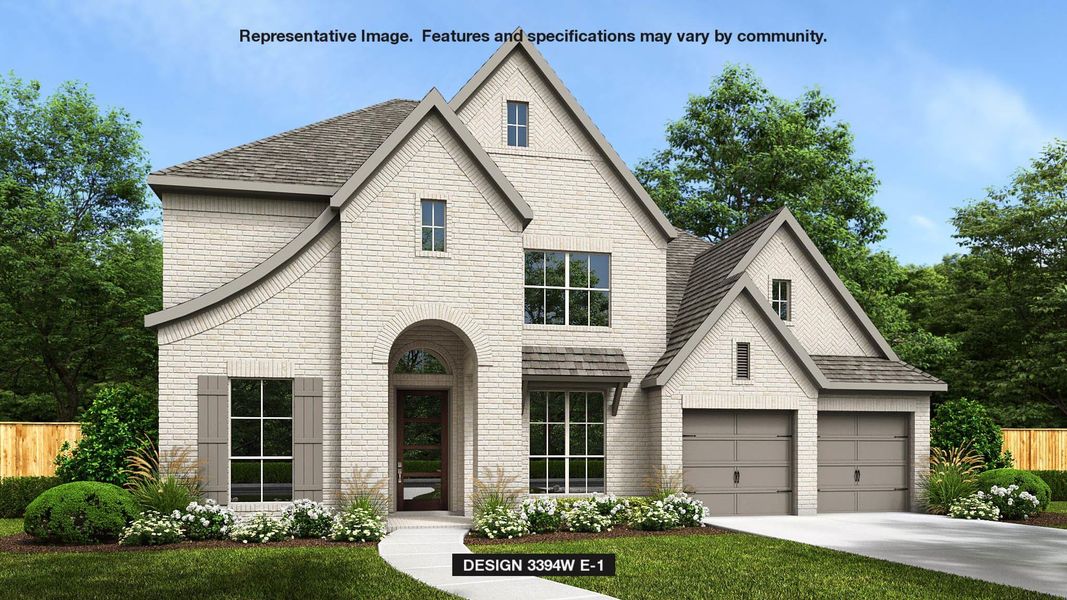 French country inspired facade with brick siding, a shingled roof, concrete driveway, and a garage French country inspired facade with brick siding, a shingled roof, concrete driveway, and a garage