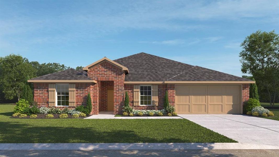 Single story home with brick siding, concrete driveway, roof with shingles, and a front yard Single story home with brick siding, concrete driveway, roof with shingles, and a front yard