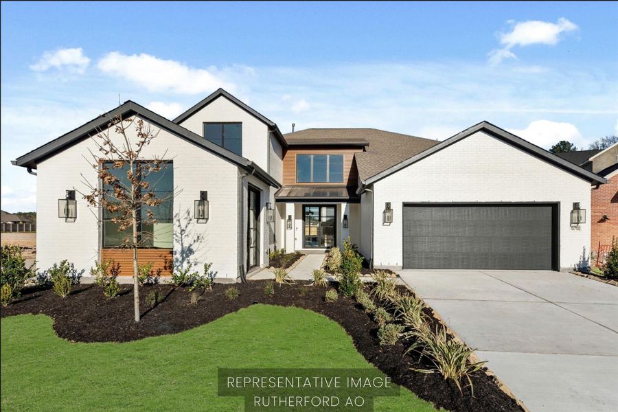 Front exterior of a new home in ARTAVIA® - 65' Art Collection, Conroe, TX, highlighting curb appeal (Image 2). Front exterior of a new home in ARTAVIA® - 65' Art Collection, Conroe, TX, highlighting curb appeal (Image 2).