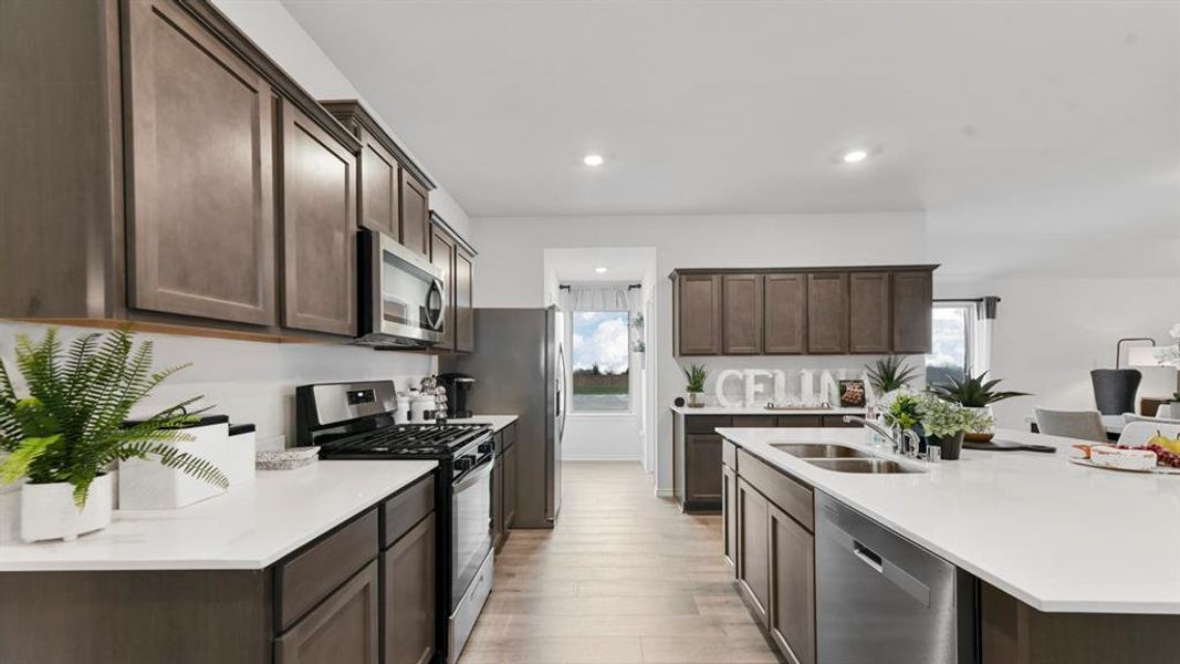 Kitchen featuring wood-finish flooring, stainless steel appliances, dark wood cabinetry, white countertops, and recessed lighting Kitchen featuring wood-finish flooring, stainless steel appliances, dark wood cabinetry, white countertops, and recessed lighting