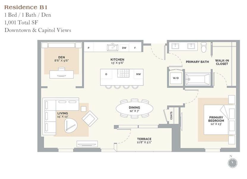 B1 Floor Plan featuring 1 bedroom + DEN & 1 bathroom. The spacious layout includes an open living and dining area, complemented by a modern kitchen with high-end appliances and an island for additional seating. This unit offers breathtaking views of downtown Austin and Capitol Views. Residents will also enjoy access to a full level of elevated amenities.