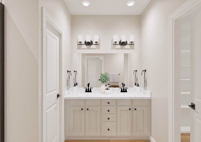 Bright, modern bathroom with a double vanity. A large mirrors, elegant black fixtures, soft lighting, and a small plant create a clean, inviting feel.