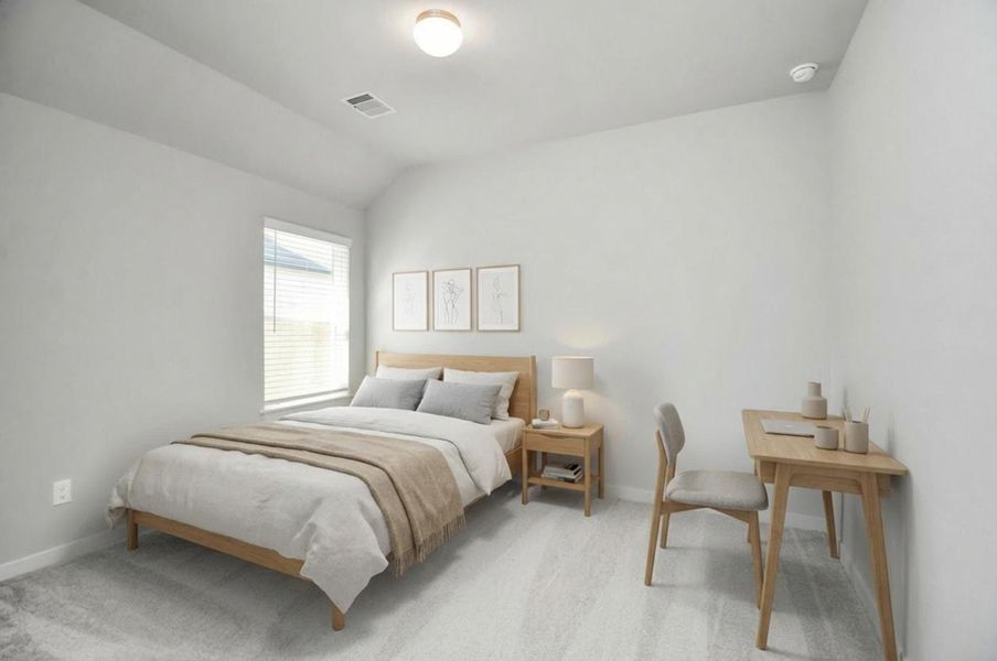 Virtually Staged - Secondary bedroom features plush carpeting, large windows that let in plenty of natural light, bright paint, and spacious closets. Sample photo of completed home with similar floor plan. Actual colors and selections may vary. Virtually Staged - Secondary bedroom features plush carpeting, large windows that let in plenty of natural light, bright paint, and spacious closets. Sample photo of completed home with similar floor plan. Actual colors and selections may vary.