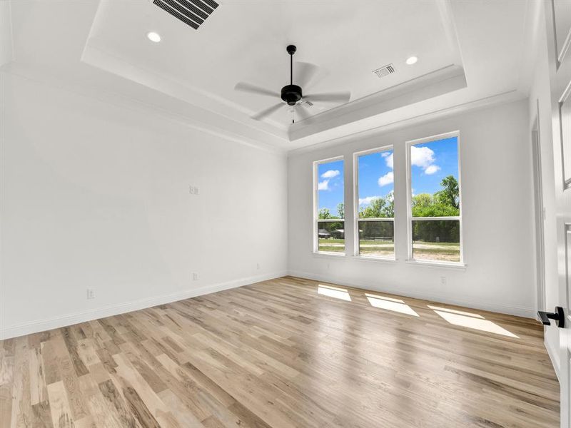 Unfurnished room with visible vents, light wood-style flooring, and a raised ceiling Unfurnished room with visible vents, light wood-style flooring, and a raised ceiling