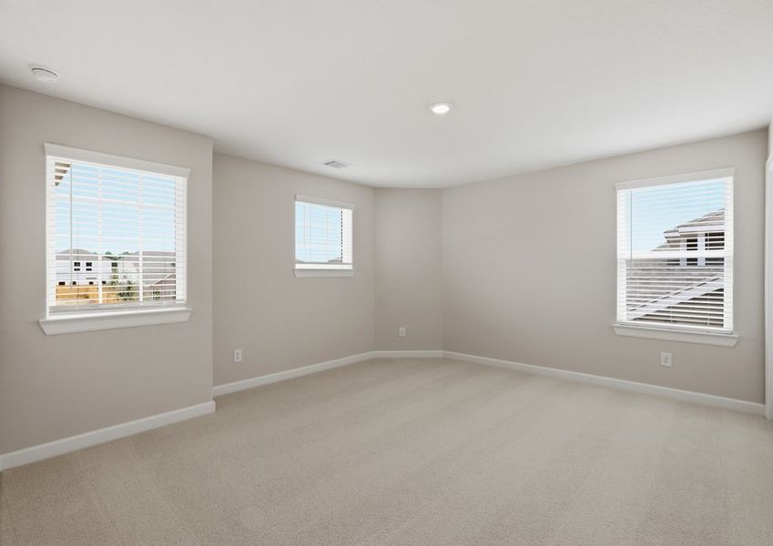 Secondary bedroom featuring two windows and carpet flooring.