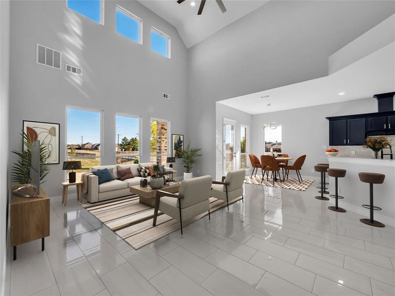 Virtually staged living room open to kitchen.