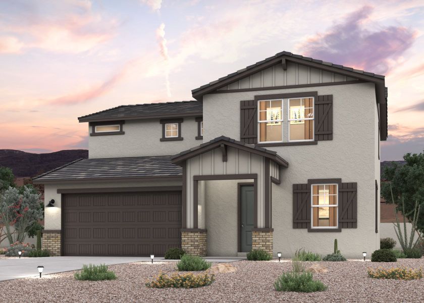 Twilight rendering of the front of a new 2-Story home for sale with 2 car garage in Surprise, AZ