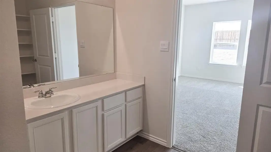 Bathroom featuring vanity and dark colored carpet