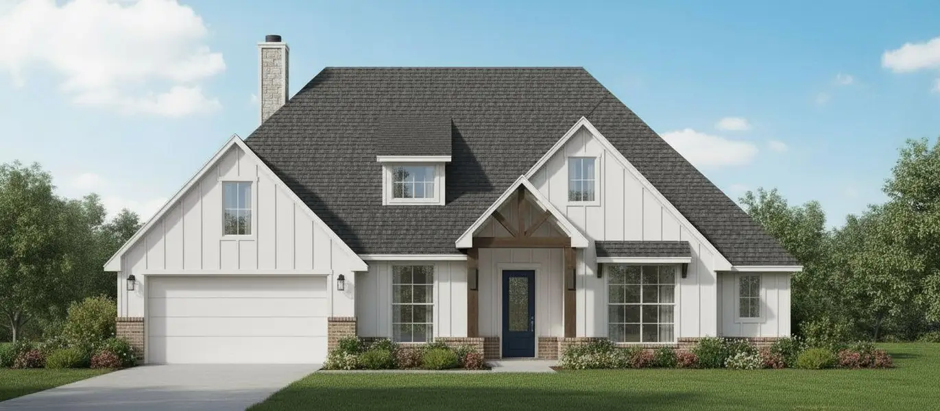 Representative exterior photo of a completed home built from the The Edinburg by Kenmark Homes in Paloma Ranches, Justin, TX (Image 10). Representative exterior photo of a completed home built from the The Edinburg by Kenmark Homes in Paloma Ranches, Justin, TX (Image 10).