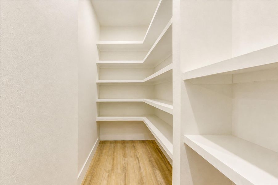 Spacious pantry with sleek white shelving and an appliance garage, perfect for organized storage.
