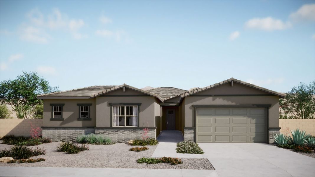 Front exterior of a new home in Mountain View Ranch, Vail, AZ, highlighting curb appeal (Image 1).