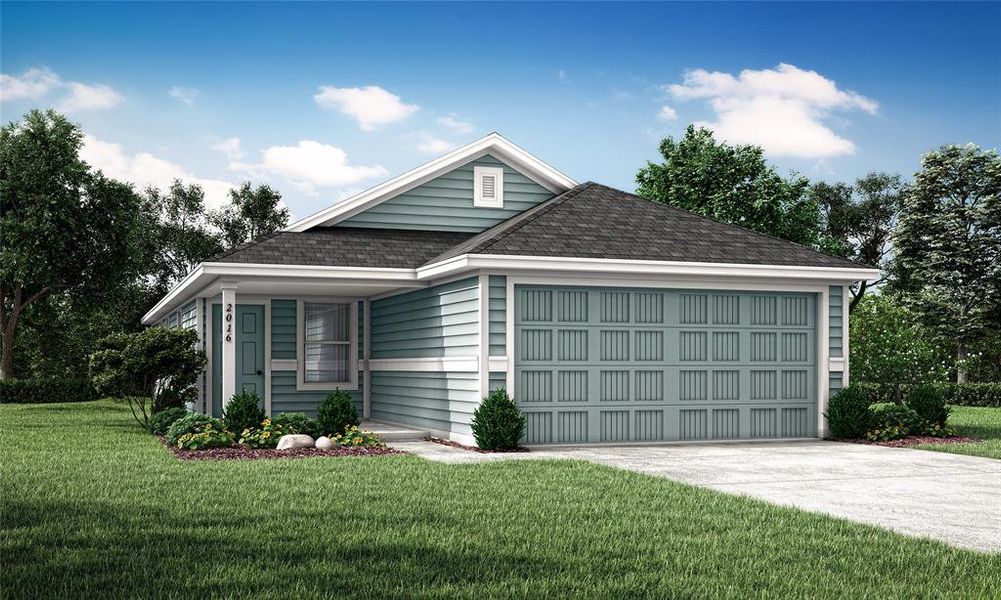 View of front of home with a front lawn and a garage