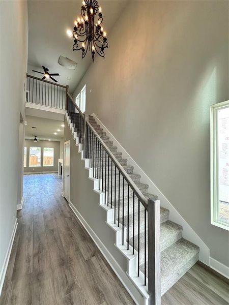 Staircase with a high ceiling, wood-type flooring, and ceiling fan with notable chandelier