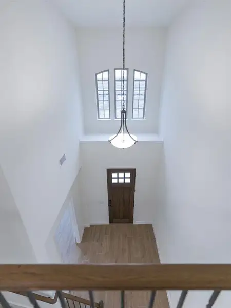 Entrance foyer featuring plenty of natural light, a towering ceiling, and hardwood / wood-style flooring