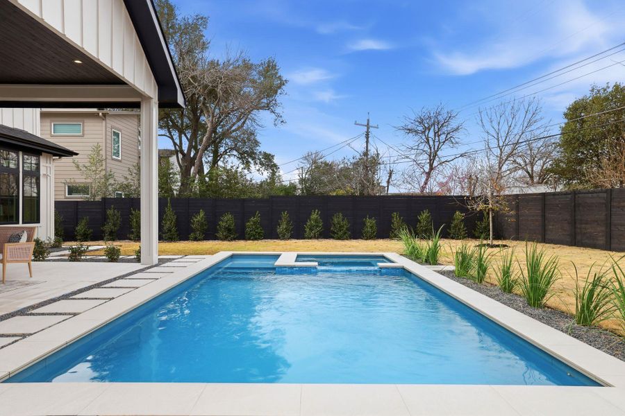 Relaxing pool / spa featuring a fenced backyard and a patio area