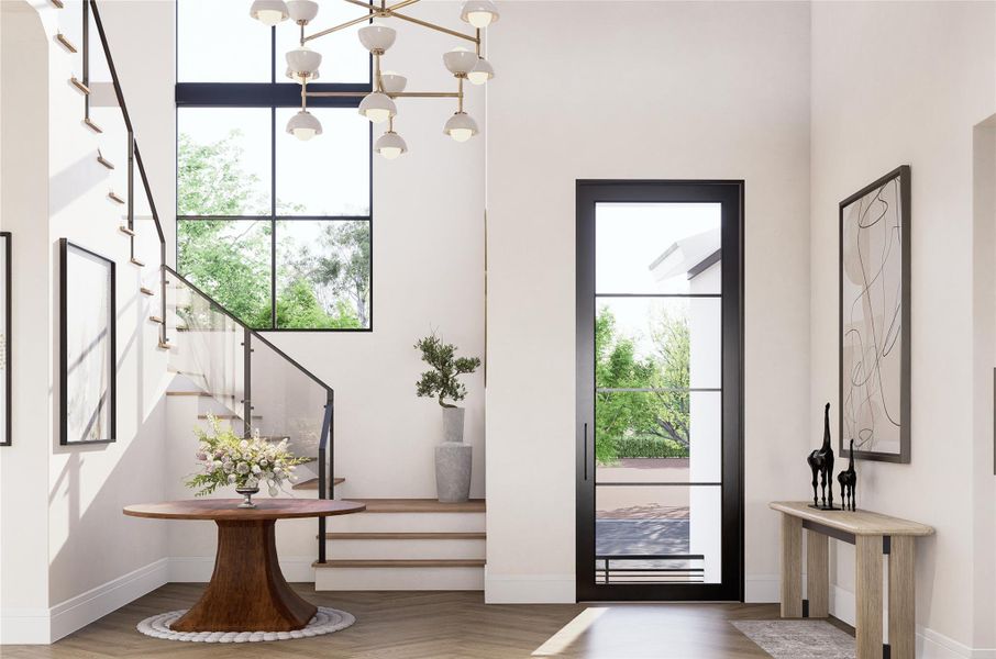 Step into elegance with a foyer bathed in natural light, featuring double-height ceilings, a sculptural chandelier, and a herringbone-patterned white oak floor. The floating staircase with glass panels offers a minimalist yet dramatic ascent, while black-trimmed windows and doors add striking contrast. This entrance sets the tone for the home’s polished and inviting interior.