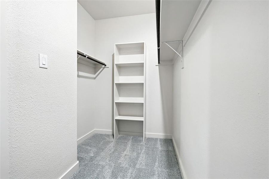 Walk in closet featuring light carpet Walk in closet featuring light carpet