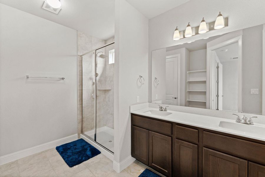 Bathroom featuring double vanity, a sink, a shower stall, and visible vents Bathroom featuring double vanity, a sink, a shower stall, and visible vents