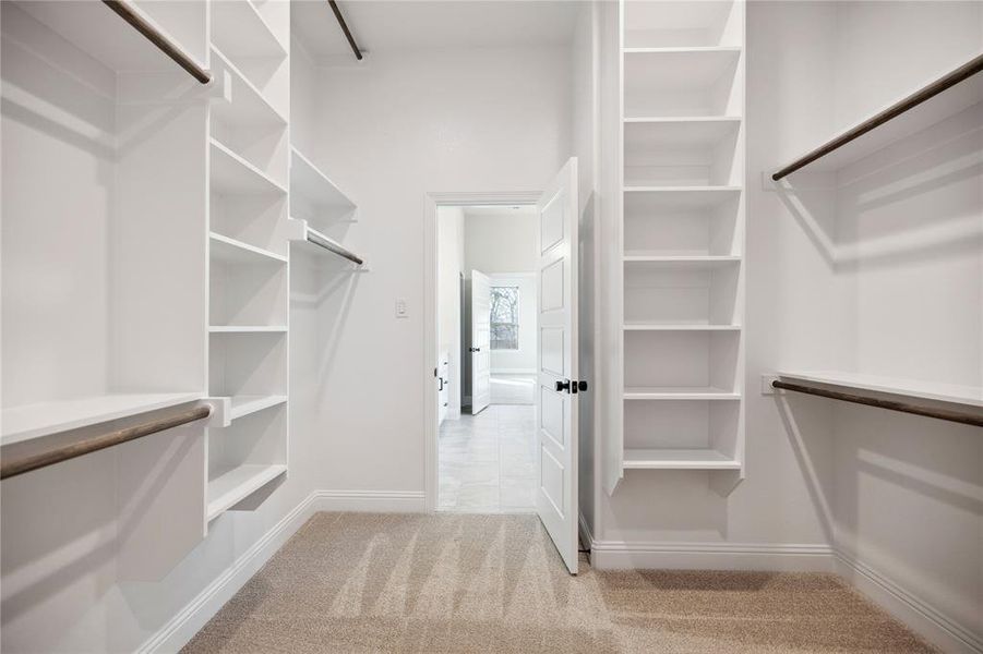 Walk in closet with light carpet