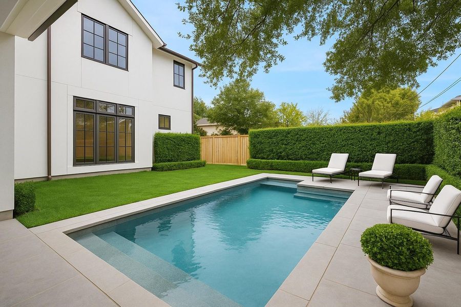 A digitally rendered pool concept illustrates how the spacious backyard can easily accommodate a future pool while maintaining green space for play, gardening, or outdoor lounging. With the home’s deep covered patio and summer kitchen just steps away, this layout shows the property’s strong potential for a fully integrated indoor outdoor living experience. Ideal for buyers who want to visualize the yard’s flexibility and long term possibilities. *Previous Project*