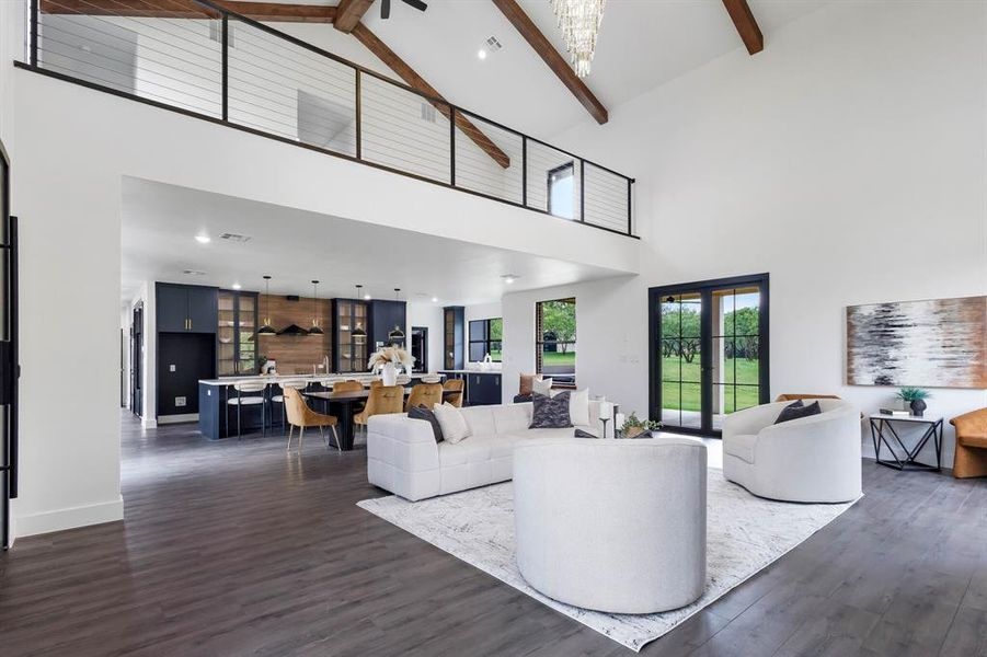 Vaulted ceiling with exposed wood beams Vaulted ceiling with exposed wood beams