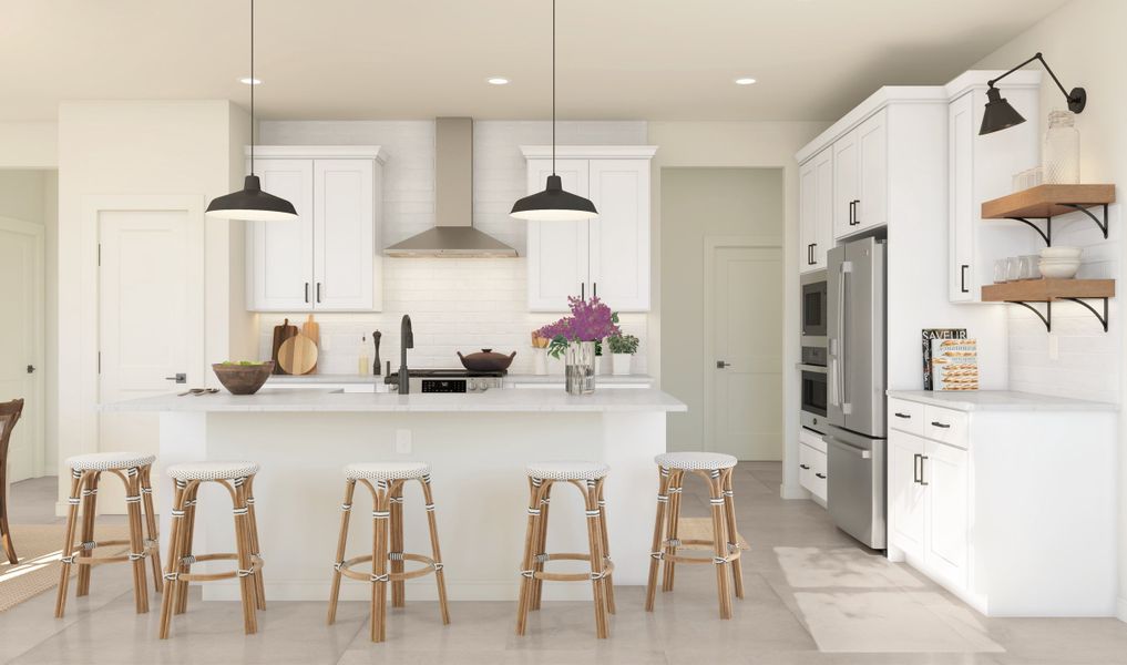 Kitchen with pendant lighting and floating shelves Kitchen with pendant lighting and floating shelves