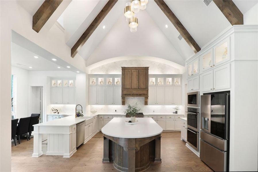 Vaulted ceiling with exposed wood beams
