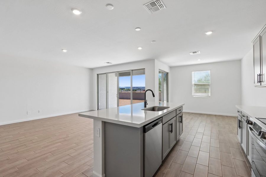 Great room, kitchen and dining