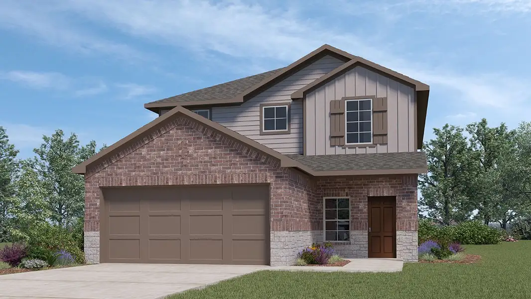 Front exterior of a new home in Blue Ridge Ranch, San Antonio, TX, highlighting curb appeal (Image 1). Front exterior of a new home in Blue Ridge Ranch, San Antonio, TX, highlighting curb appeal (Image 1).