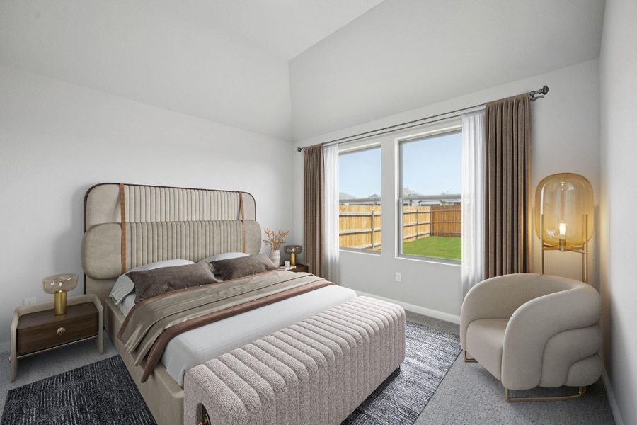 Bedroom featuring carpet floors and high vaulted ceiling