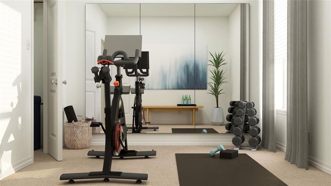 Workout room featuring light colored carpet