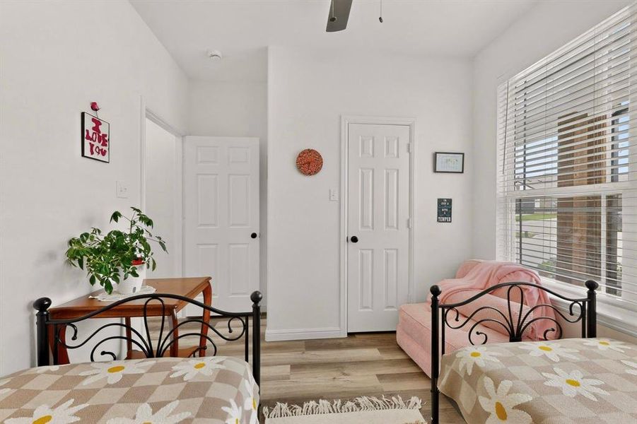 Bright interior space featuring wood-finish flooring, white walls, and white trim