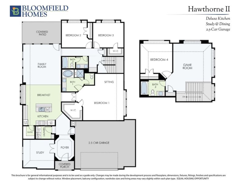 Bloomfield Homes Hawthorne II floor plan with 4 bedrooms, 3 bathrooms, game room, study, and 2.5-car garage.