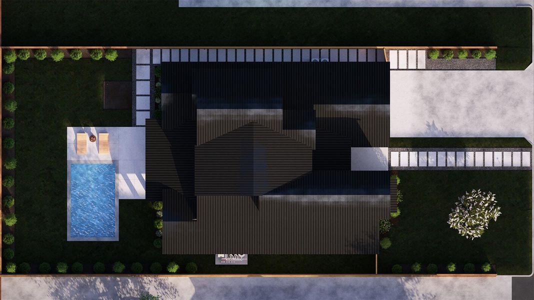 An aerial perspective reveals a modern home with a private swimming pool, sleek patio, and verdant landscaping.