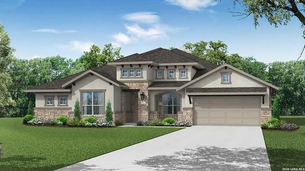 Front exterior of a new home in Megan's Landing, Castroville, TX, highlighting curb appeal (Image 1). Front exterior of a new home in Megan's Landing, Castroville, TX, highlighting curb appeal (Image 1).