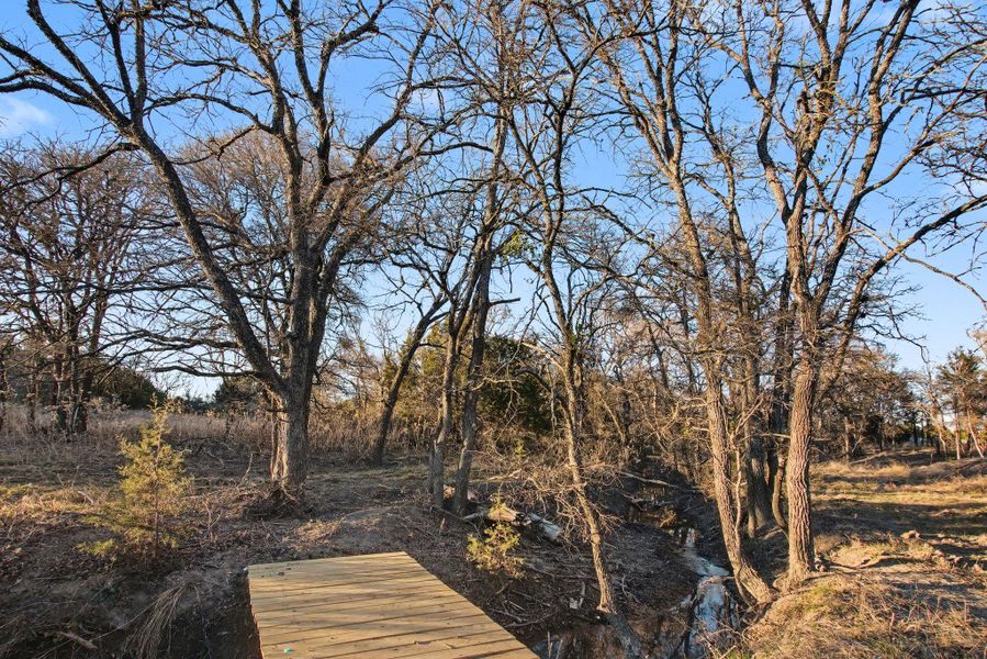 Wooden deck featuring view of scattered trees