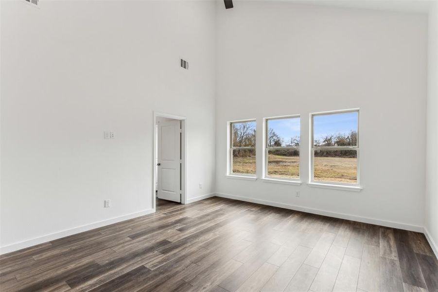 Spare room featuring a high ceiling and dark hardwood / wood-style flooring