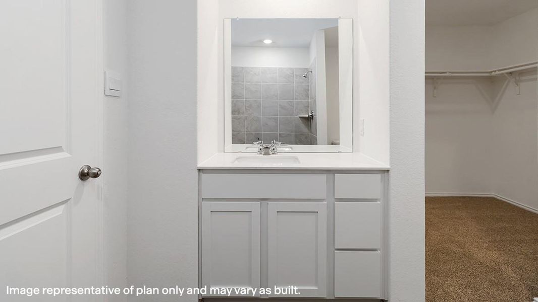 Bathroom featuring vanity, a walk in closet, a tile shower, and carpet