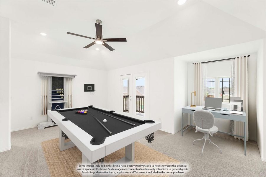 Game room with pool table, ceiling fan, and a desk workspace area near the window Game room with pool table, ceiling fan, and a desk workspace area near the window