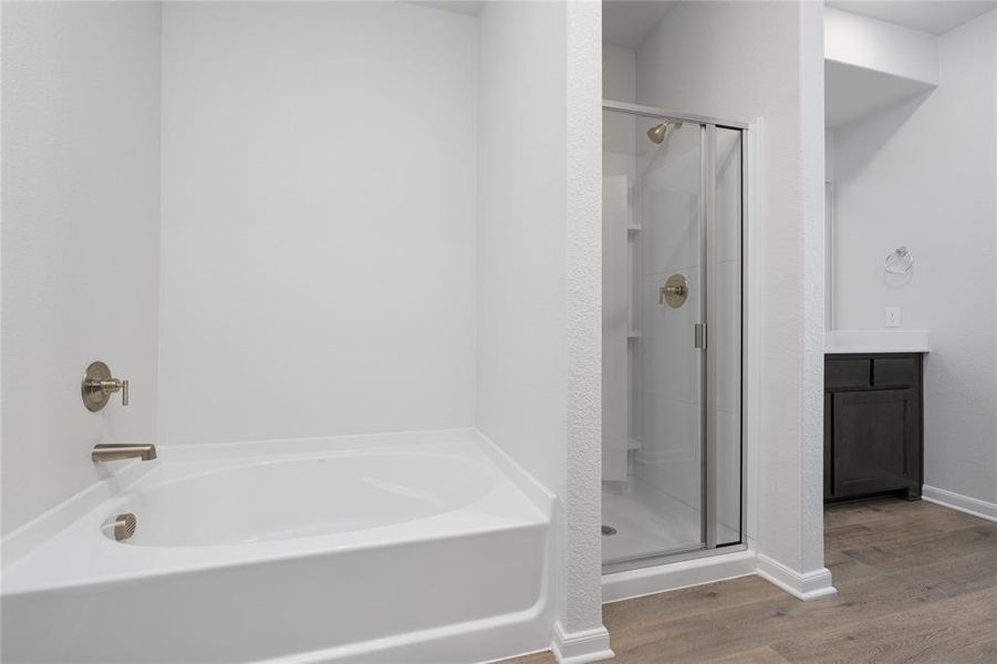 Full bath with wood finished floors, vanity, a shower stall, and a bath
