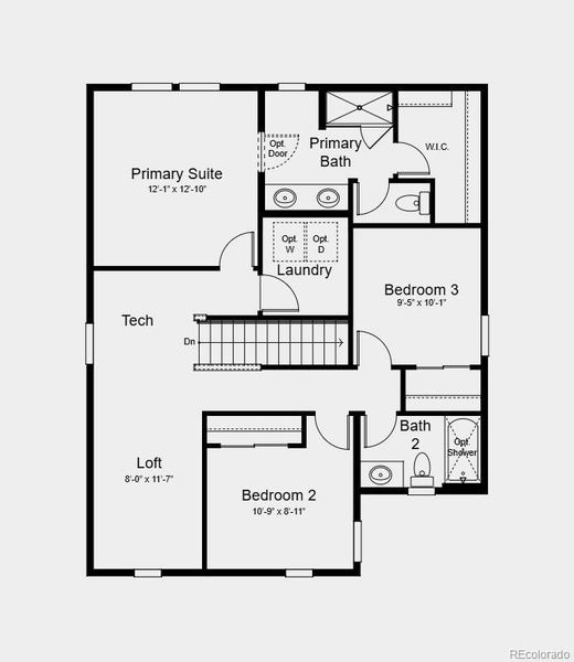 Second Floor Plan - Additional Highlights Include: Extended hard flooring at main level, door at primary bed to bath, GE energy star refrigerator, and freestanding stainless steel gas range in place of electric