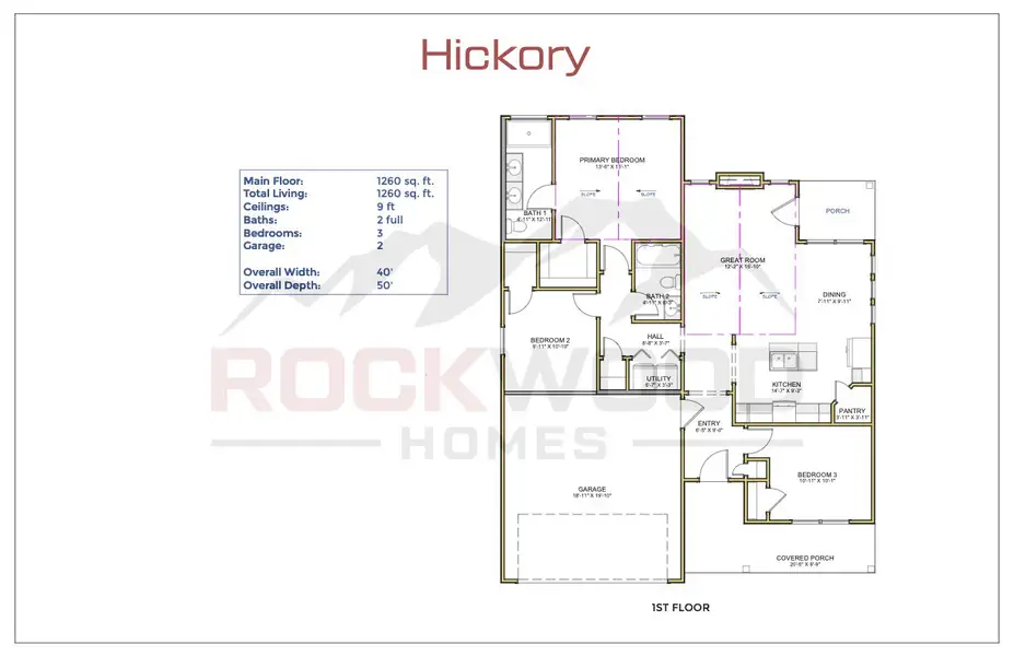 2D floor plan layout for the Hickory by Rockwood Homes in New Hope Estates, Nashville, TN (Image 2).