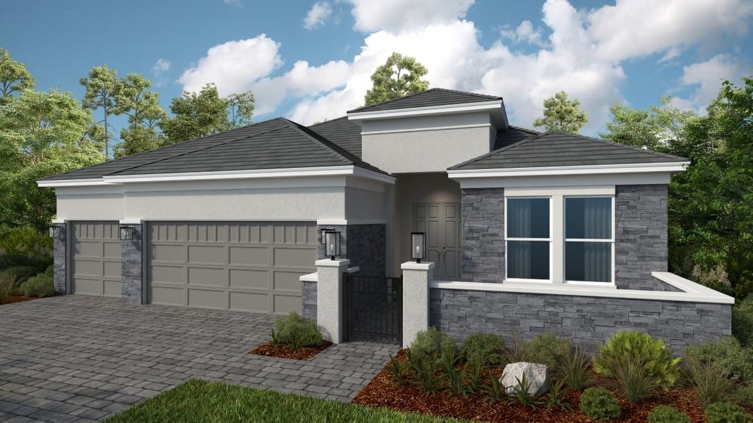 Representative exterior photo of a completed home built from the Pallazio II by Taylor Morrison in Esplanade at McKinnon Groves, Winter Garden, FL (Image 19).