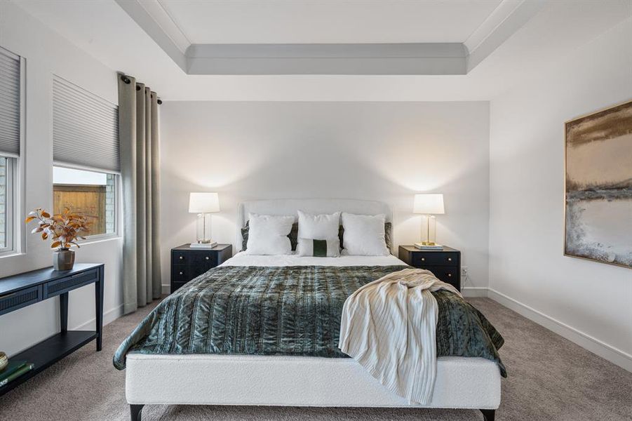 Carpeted bedroom featuring a raised ceiling