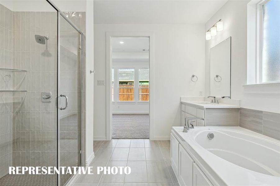 Whether it's soaking your cares away at the end of the day or taking a long, relaxing shower, this owner's bath  has it all!  REPRESENTATIVE PHOTO