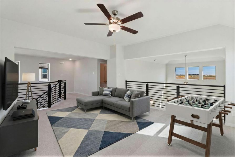 Virtually Staged representation of the upstairs game room.