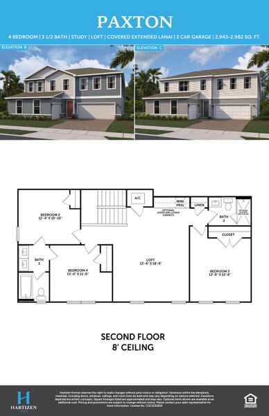 2D floor plan layout for the Paxton by Hartizen Homes in Eden Crest Single Family Homes, Apopka, FL (Image 6).